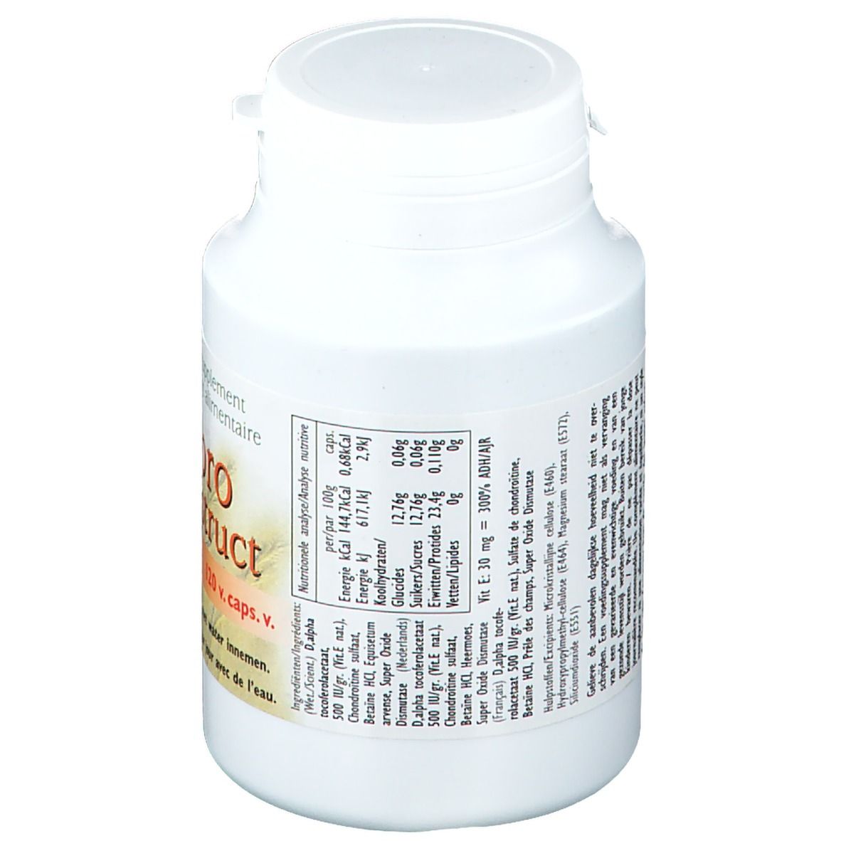 Flacon blanc avec informations nutritionnelles. Contient "Fibro Construct". Inscription : "Voedingssupplement".