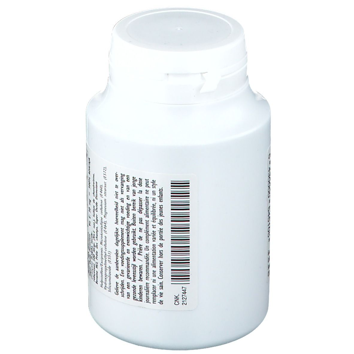 Flacon blanc avec code-barres et texte. Contient "Fibro Construct". Inscription : "Voedingssupplement".
