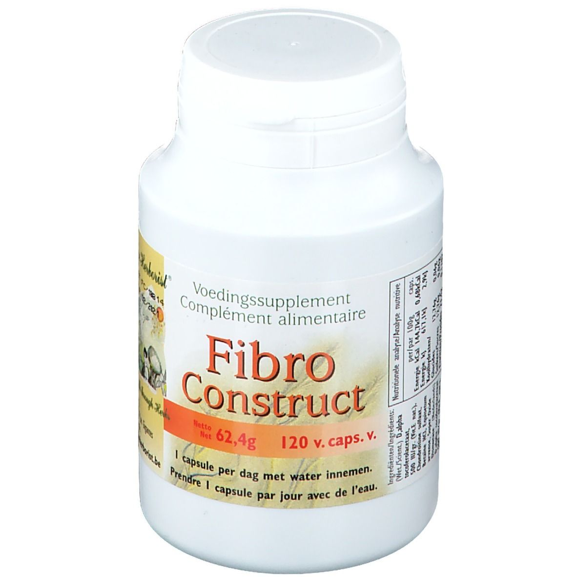 Flacon blanc avec étiquette "Fibro Construct". Contient 120 capsules. Inscription : "Voedingssupplement".