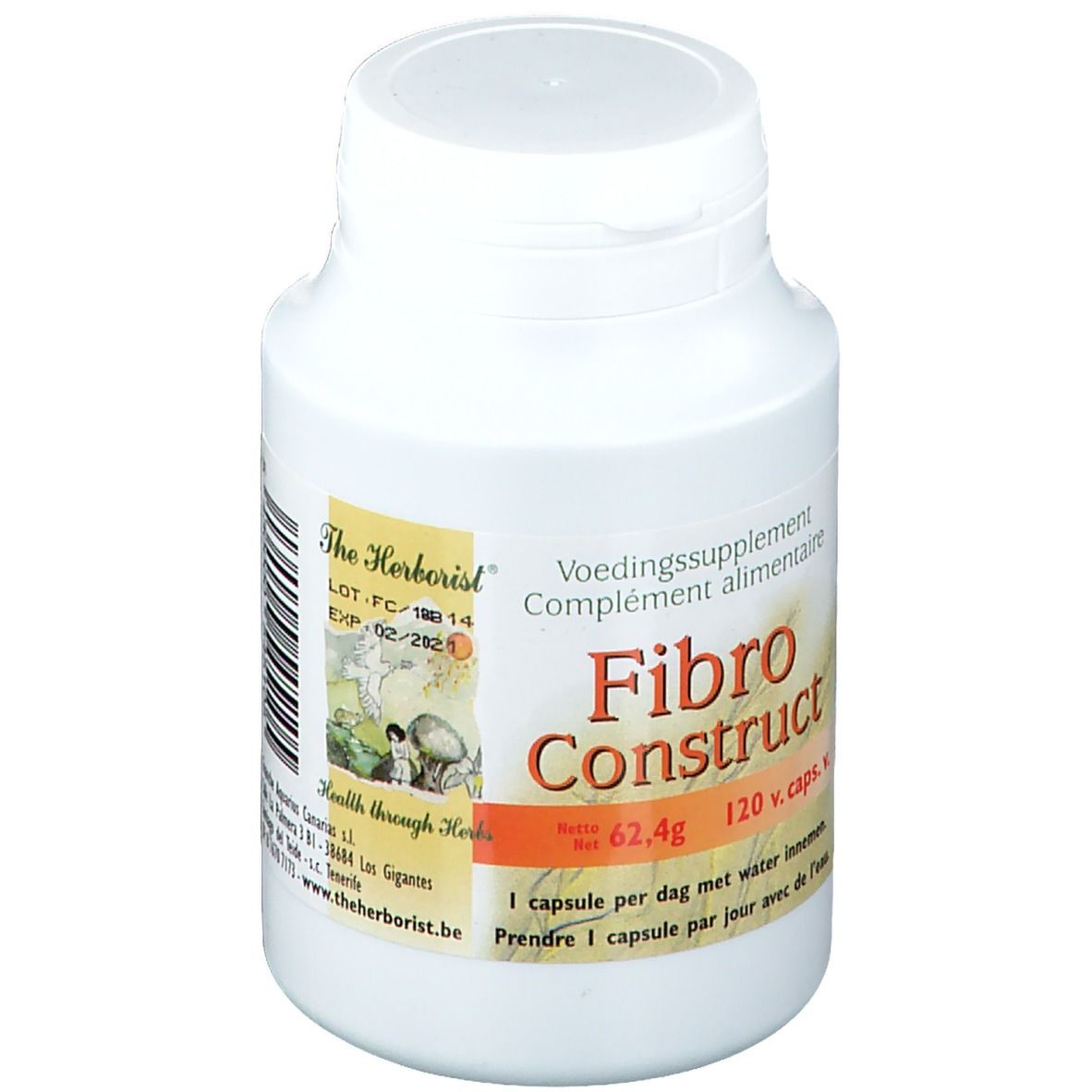 Flacon blanc avec étiquette "Fibro Construct". Contient 120 capsules. Inscription : "Voedingssupplement".