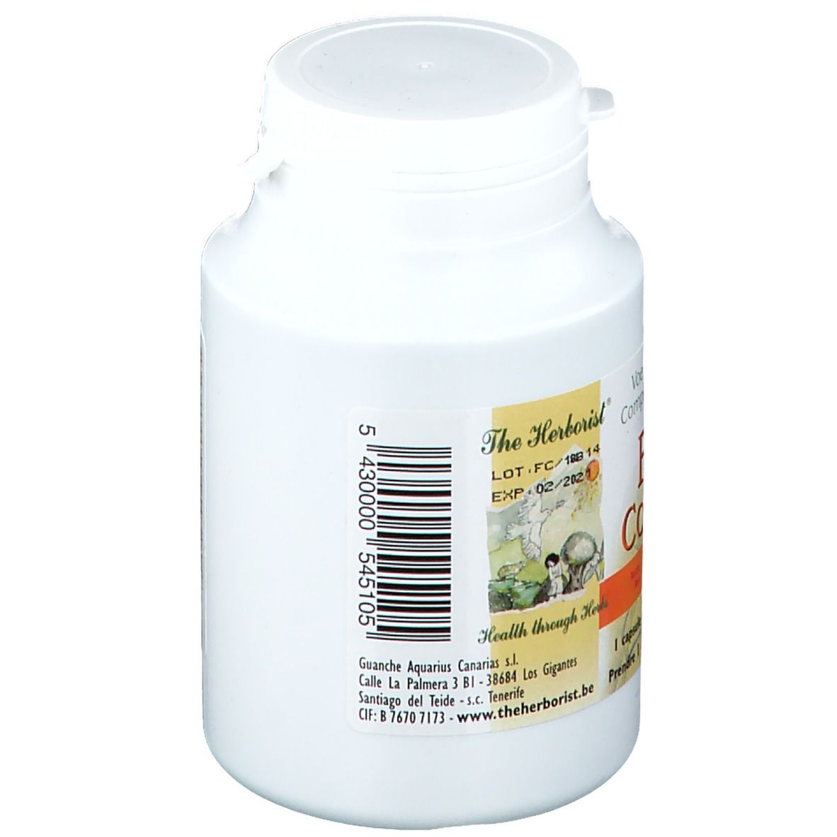 Flacon blanc avec code-barres et texte. Contient "Fibro Construct". Inscription : "Voedingssupplement".