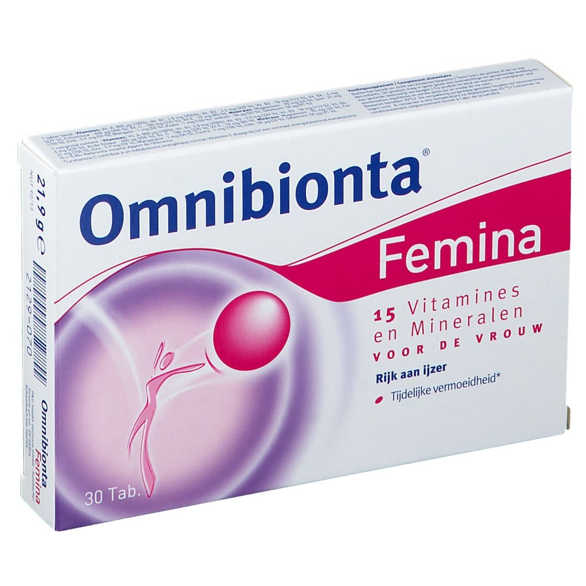Boîte Omnibionta Femina. Contient 15 vitamines et minéraux. 30 comprimés. Inscription: Rijk aan ijzer, Tijdellijke vermoeidheid.