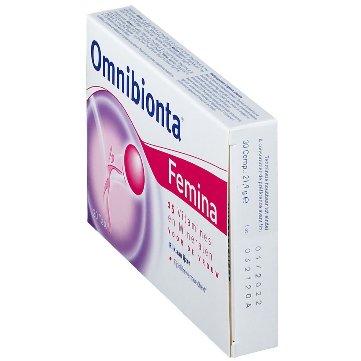 Boîte Omnibionta Femina, en biais. Contient 15 vitamines et minéraux. 30 comprimés. Inscription: Rijk aan ijzer, Tijdellijke vermoeidheid.