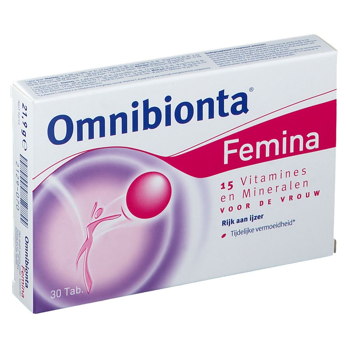 Boîte Omnibionta Femina. Contient 15 vitamines et minéraux. 30 comprimés. Inscription: Rijk aan ijzer, Tijdellijke vermoeidheid.