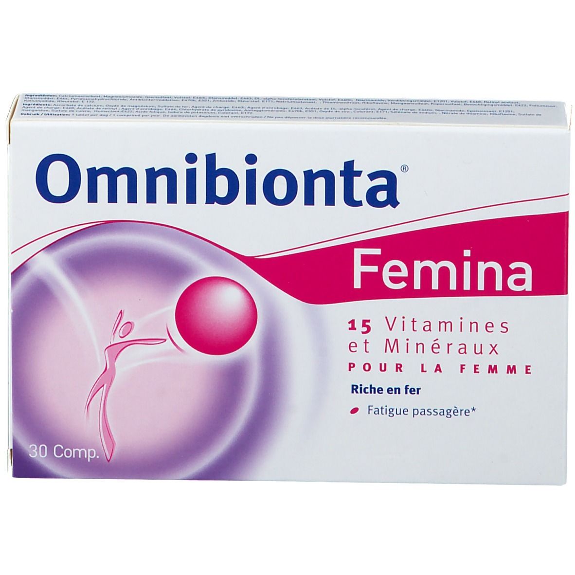 Boîte Omnibionta Femina. Contient 15 vitamines et minéraux. 30 comprimés. Inscription: Rijk aan ijzer, Tijdellijke vermoeidheid.