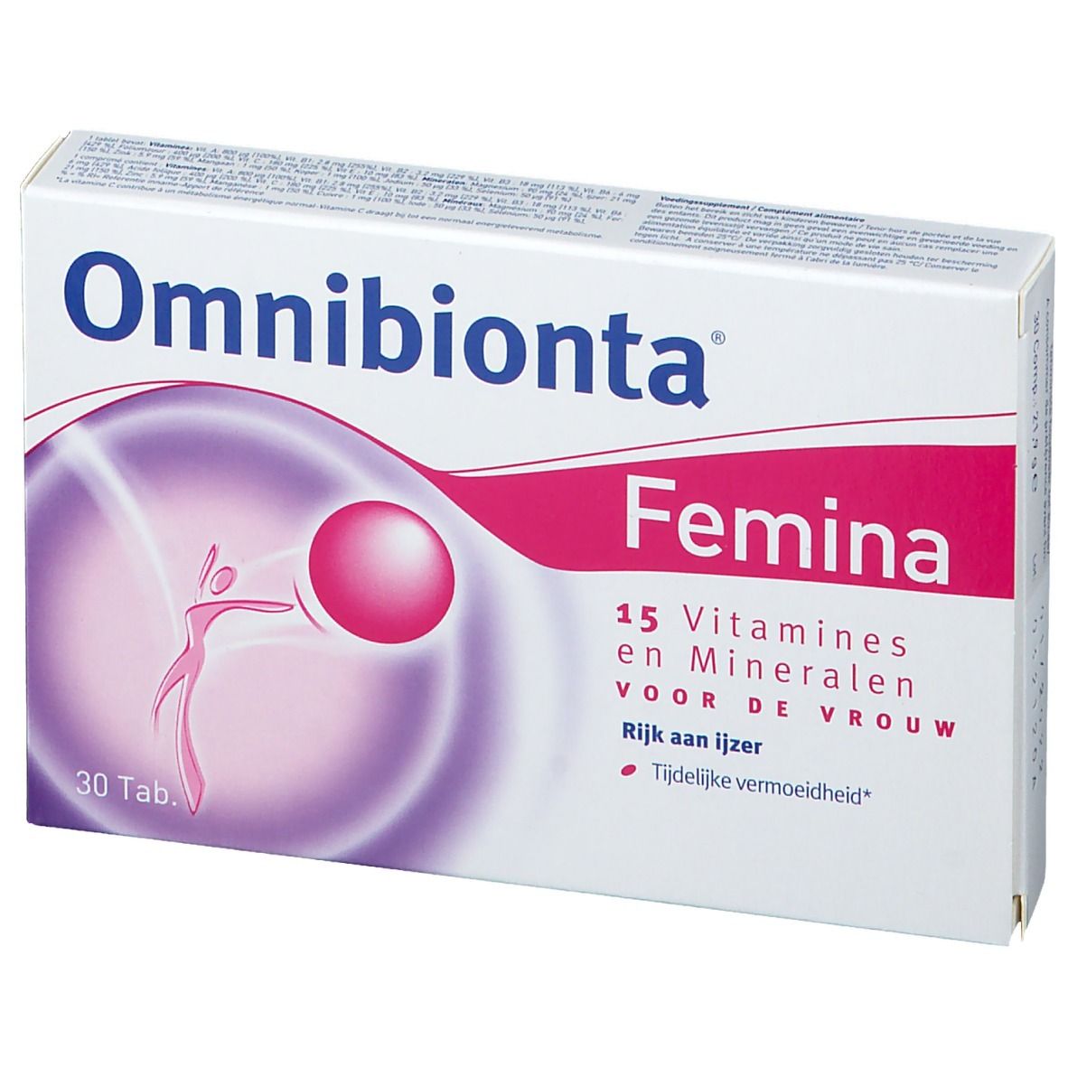 Boîte Omnibionta Femina. Contient 15 vitamines et minéraux. 30 comprimés. Inscription: Rijk aan ijzer, Tijdellijke vermoeidheid.