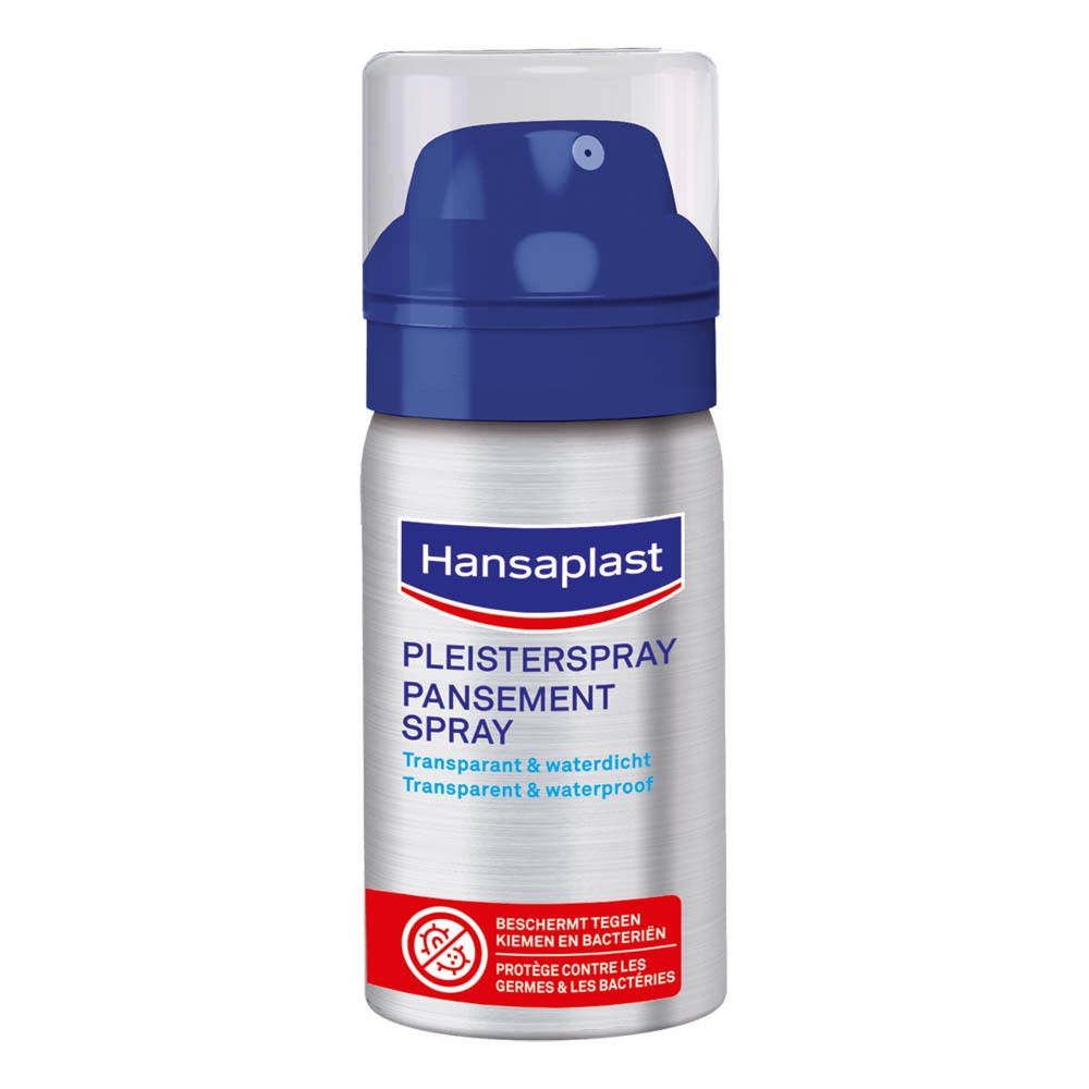 Hansaplast pleisterspray, fles met blauwe sproeikop. Opschrift: Pleisterspray, transparant & waterdicht. Rood logo.