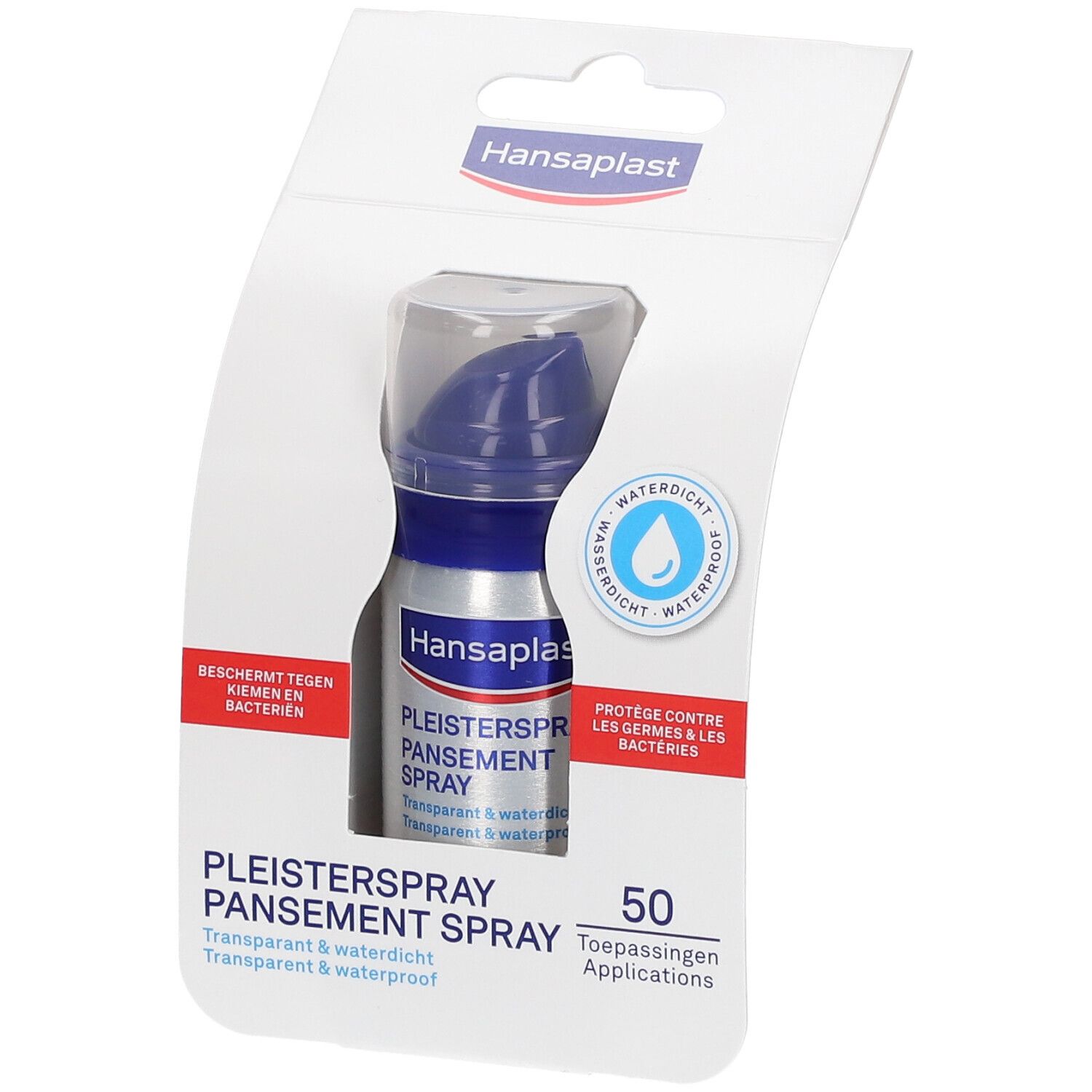 Hansaplast pleisterspray in verpakking. Fles met blauwe sproeikop. Opschrift: Pleisterspray, transparant & waterdicht. 50 toepassingen.