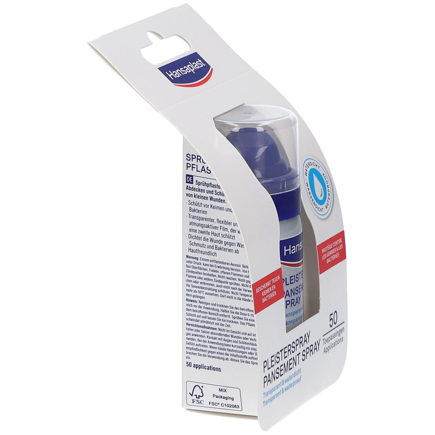 Verpakking van Hansaplast pleisterspray. Fles met blauwe sproeikop. Tekst: Pleisterspray, transparant & waterdicht. 50 toepassingen. FSC-label.