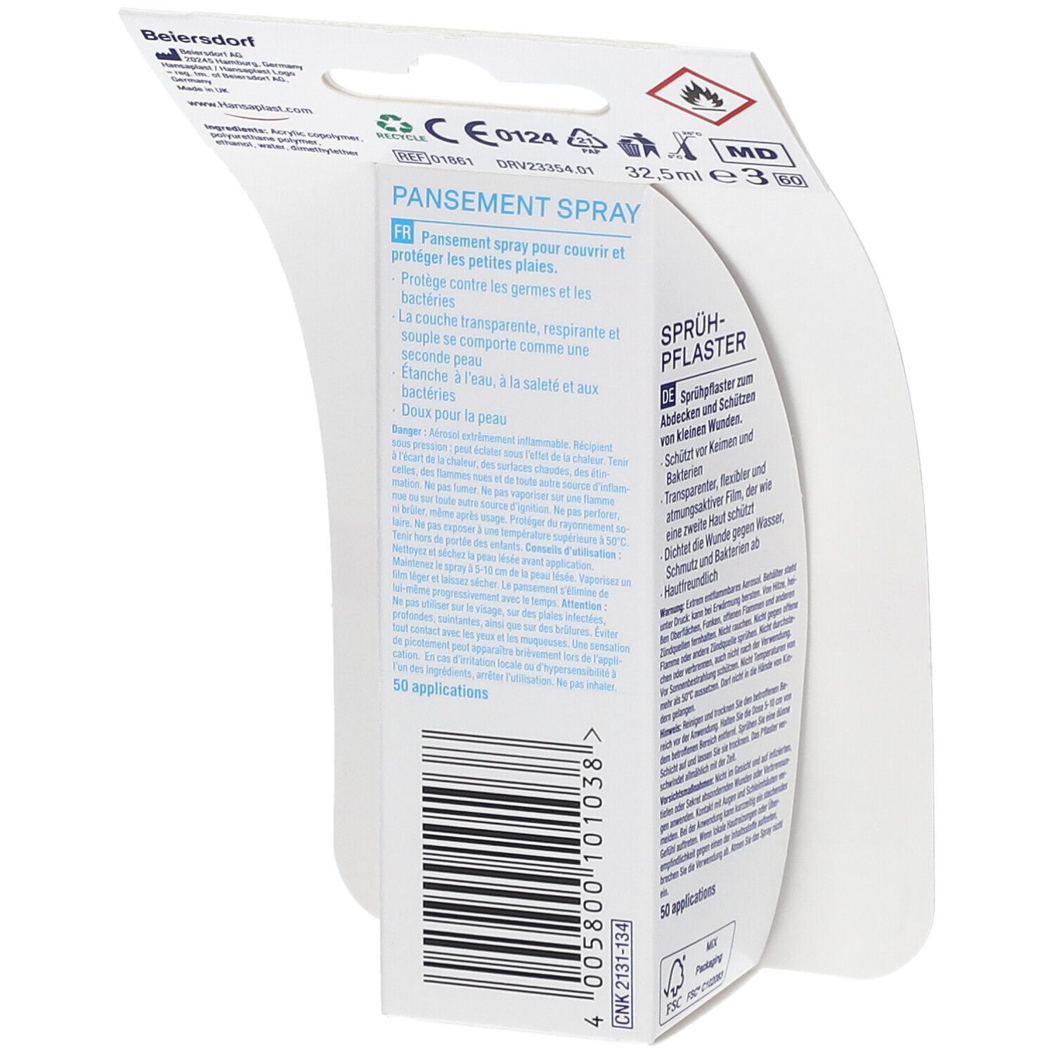 Achterkant van de verpakking van Hansaplast pleisterspray. Tekst in het Duits en Frans. Streepjescode. 50 toepassingen. CE-markering.