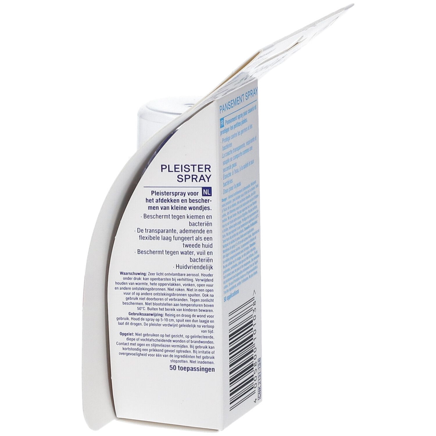 Verpakking van Hansaplast pleisterspray. Tekst in het Duits. 50 toepassingen. FSC-label. Fles niet zichtbaar.