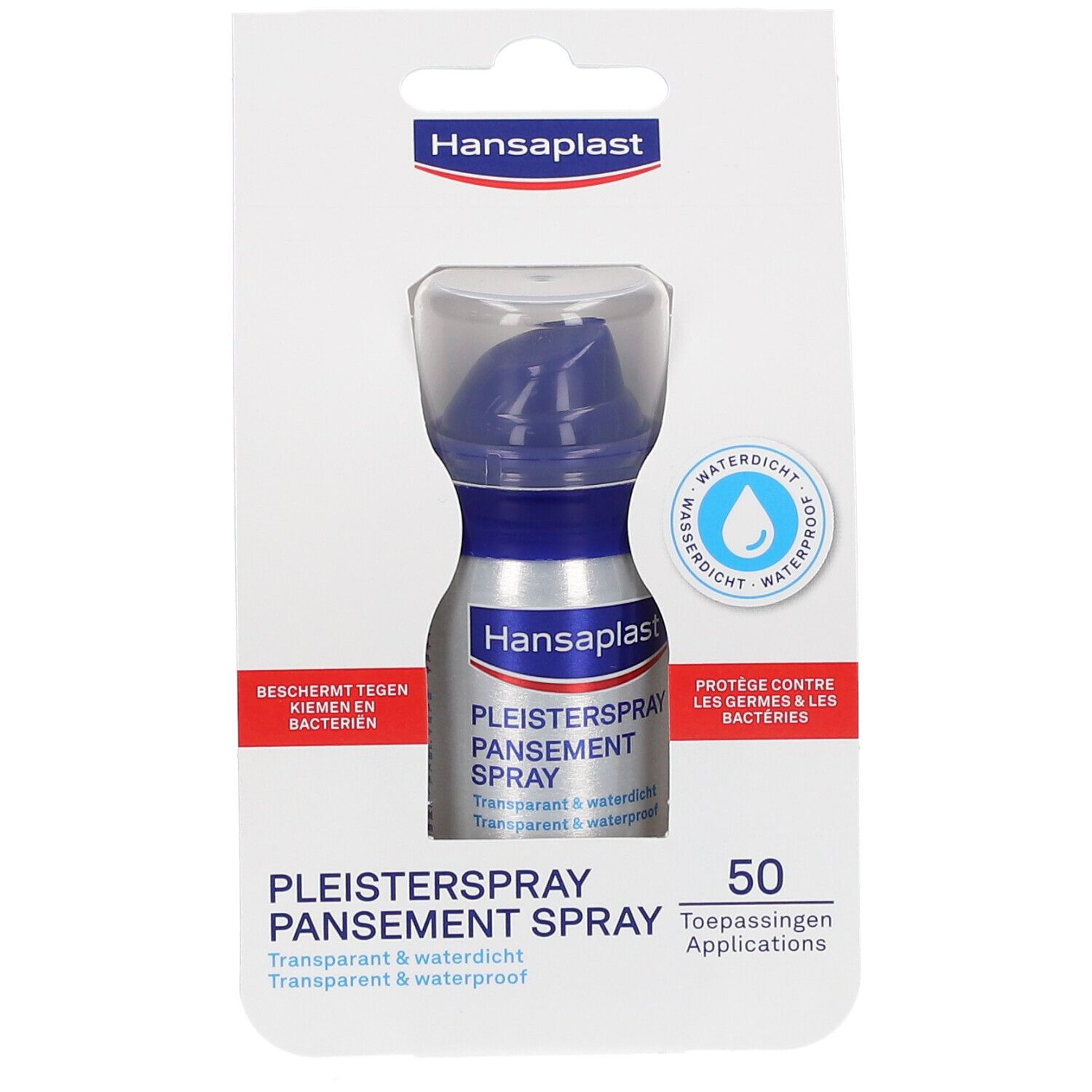 Hansaplast pleisterspray in verpakking. Fles met blauwe sproeikop. Opschrift: Pleisterspray, transparant & waterdicht. 50 toepassingen.