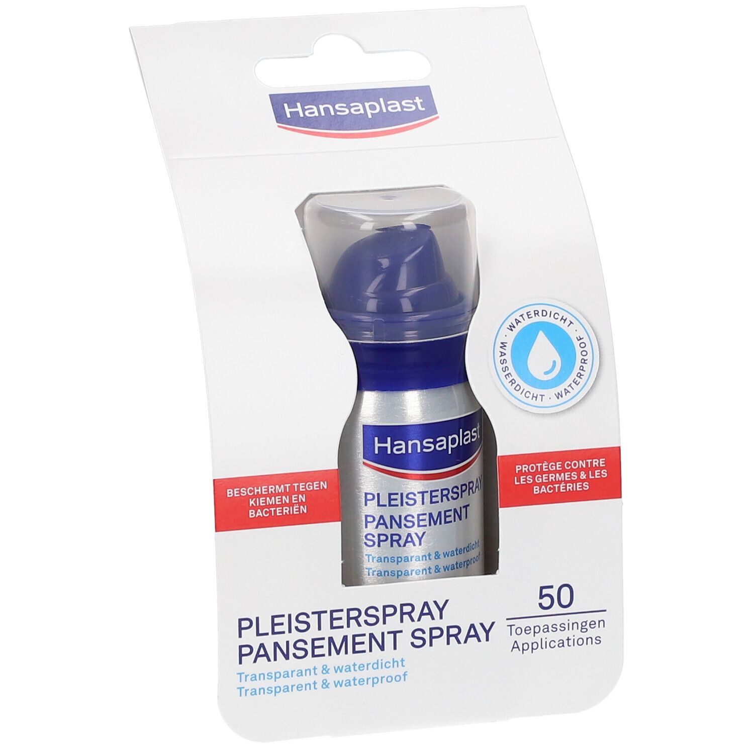 Hansaplast pleisterspray in verpakking. Fles met blauwe sproeikop. Opschrift: Pleisterspray, transparant & waterdicht. 50 toepassingen.