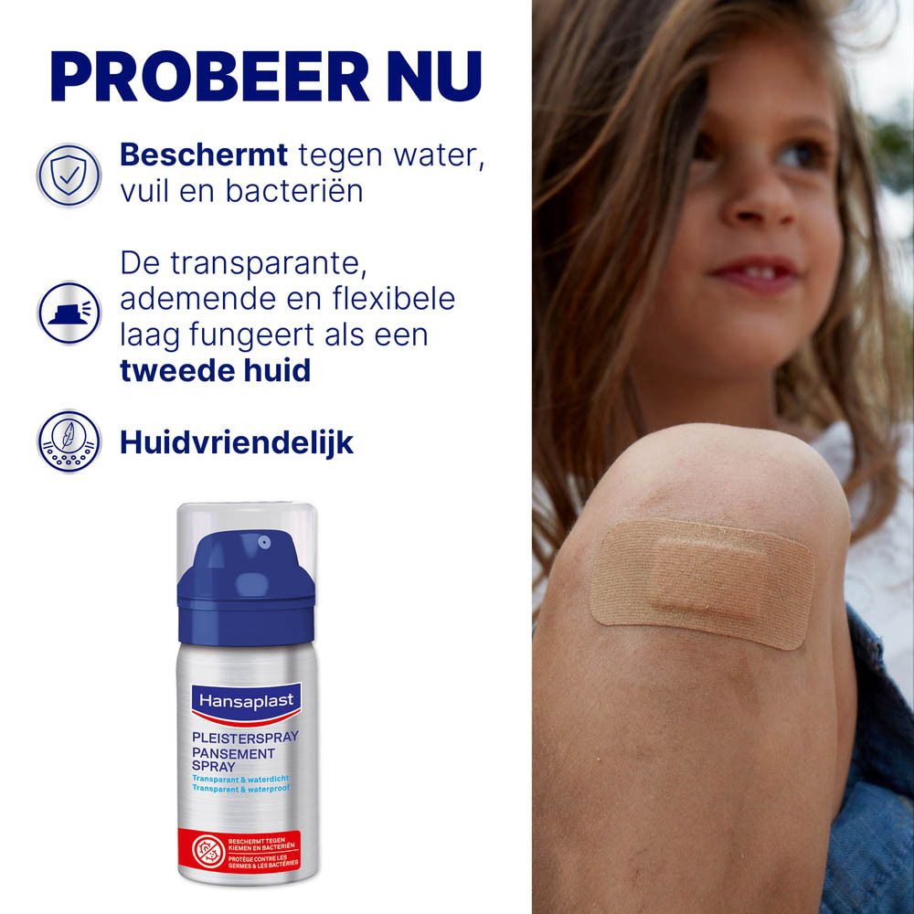 Hansaplast pleisterspray, fles met blauwe sproeikop. Opschrift: Pleisterspray, transparant & waterdicht. Kind met pleister.