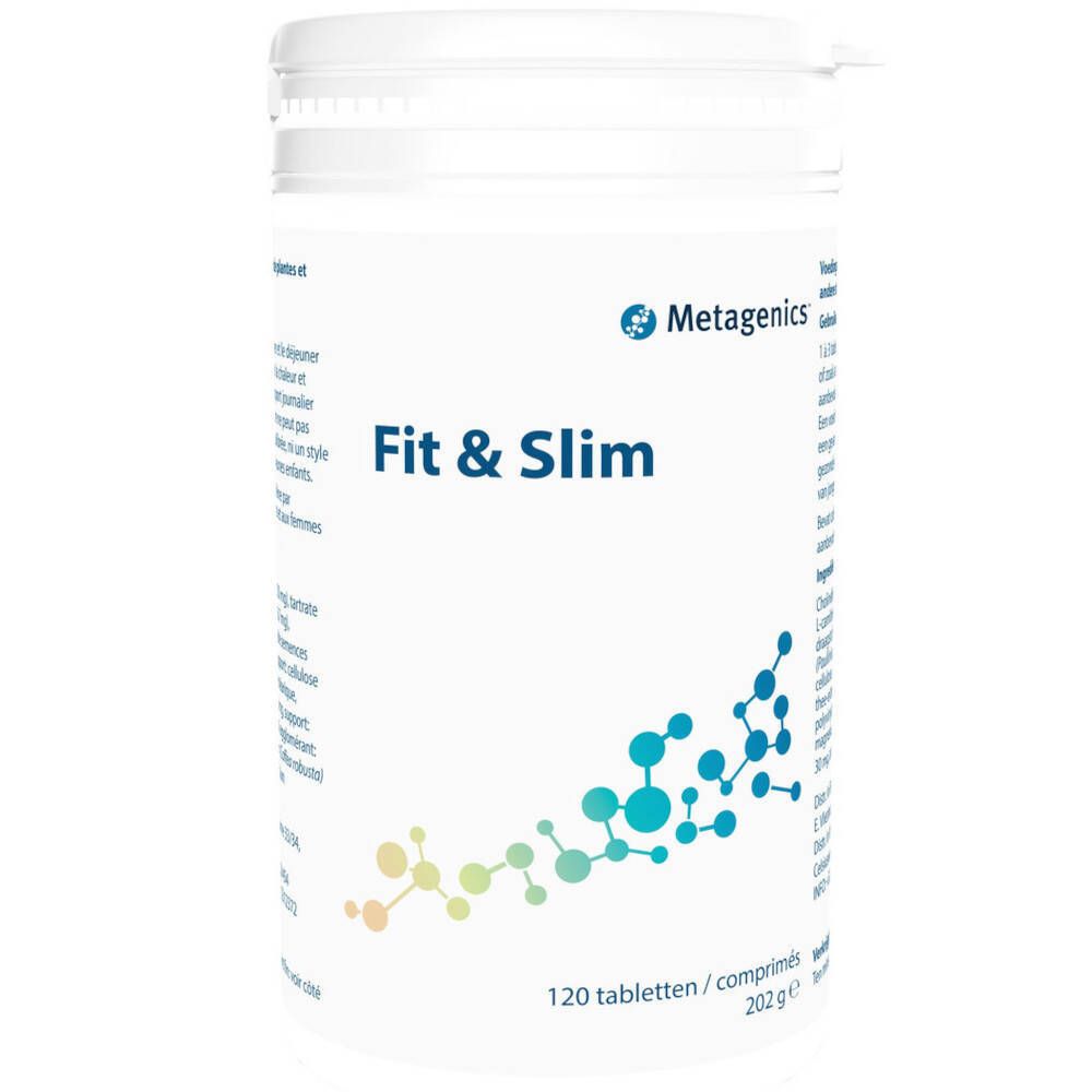 Boîte blanche avec "Fit & Slim". Marque Metagenics. Contient 120 comprimés. Inscriptions en allemand et français.