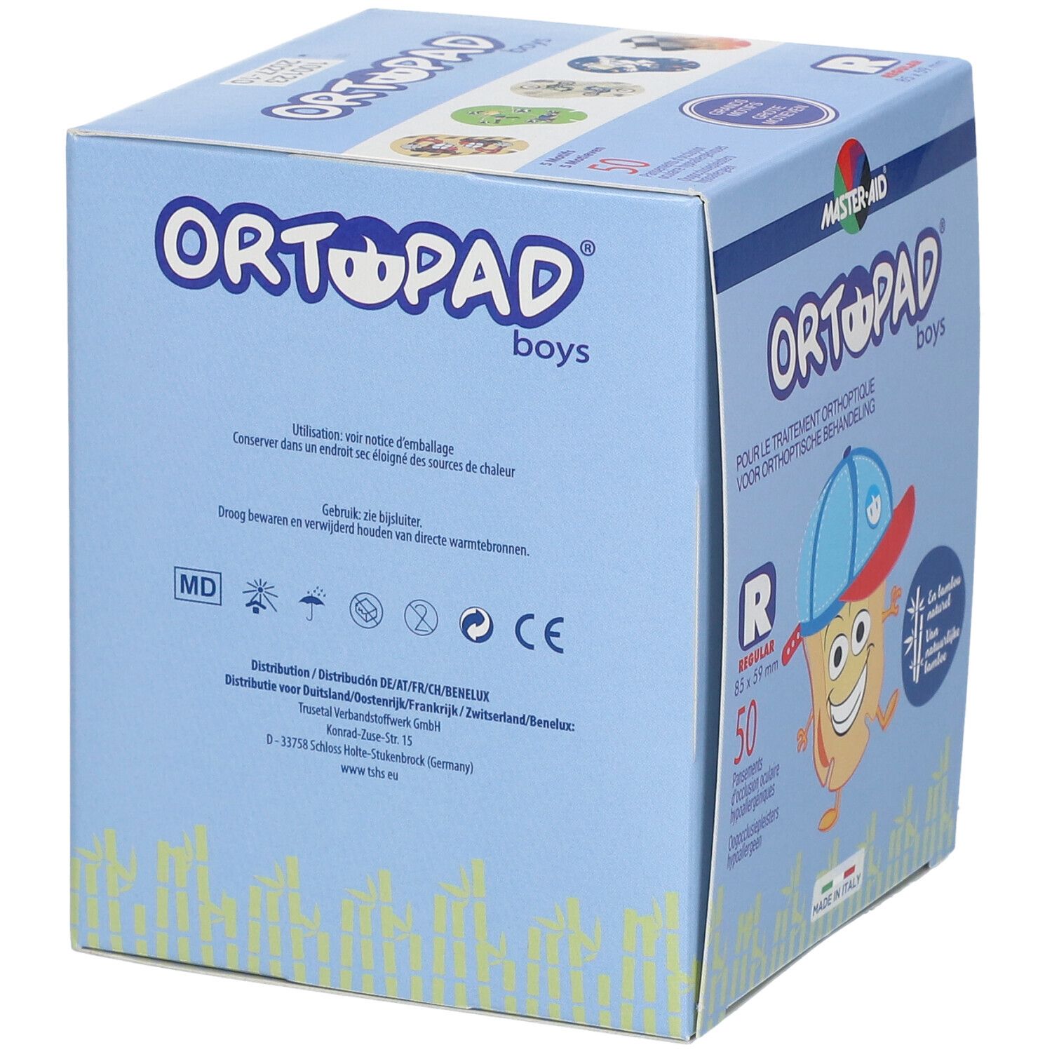 Boîte de pansements oculaires ORTOPAD boys. Informations produit et symboles au dos.