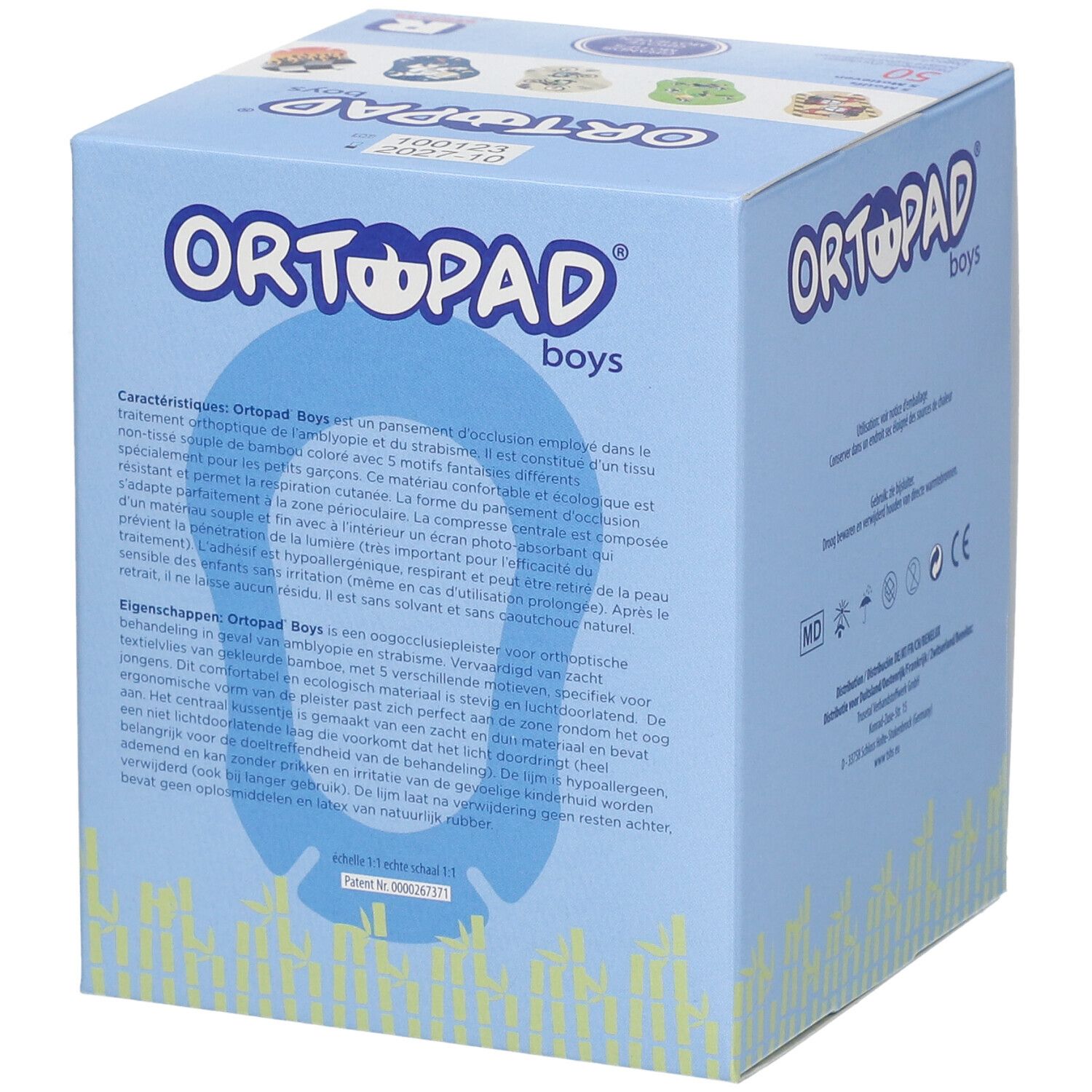 Boîte de pansements oculaires ORTOPAD boys. Texte d'informations produit multilingue.