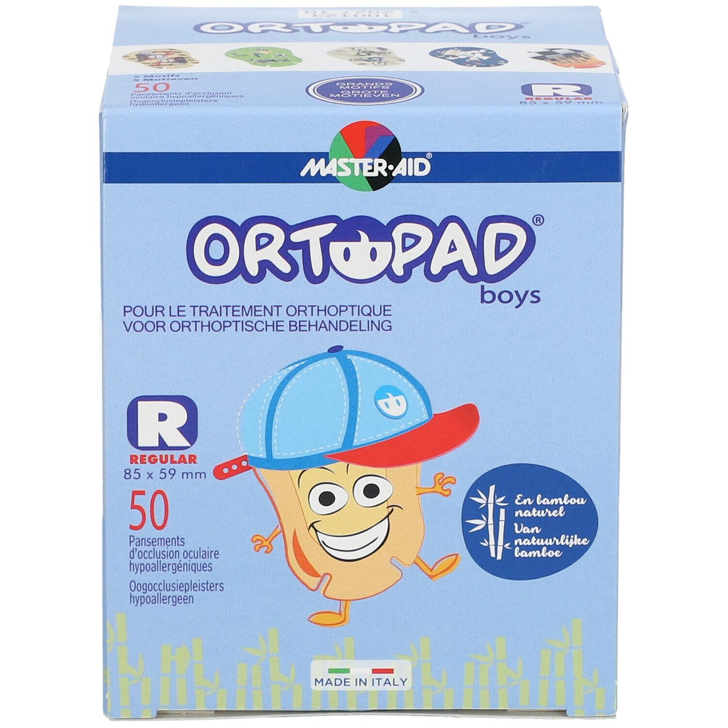 Boîte de pansements oculaires ORTOPAD boys. 50 pièces, 85 x 59 mm. Illustration.