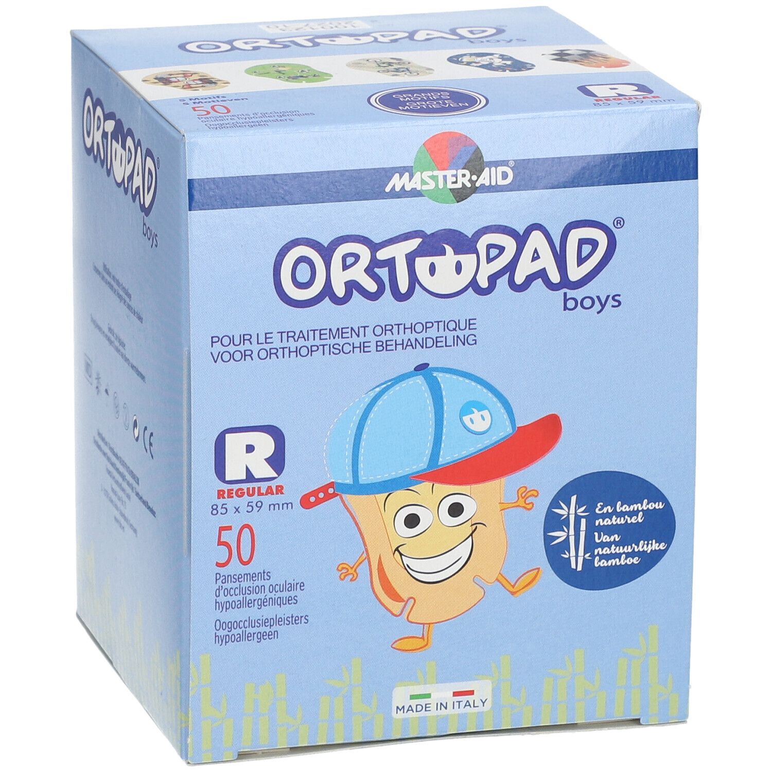 Boîte de pansements oculaires ORTOPAD boys. 50 pièces, 85 x 59 mm. Illustration.