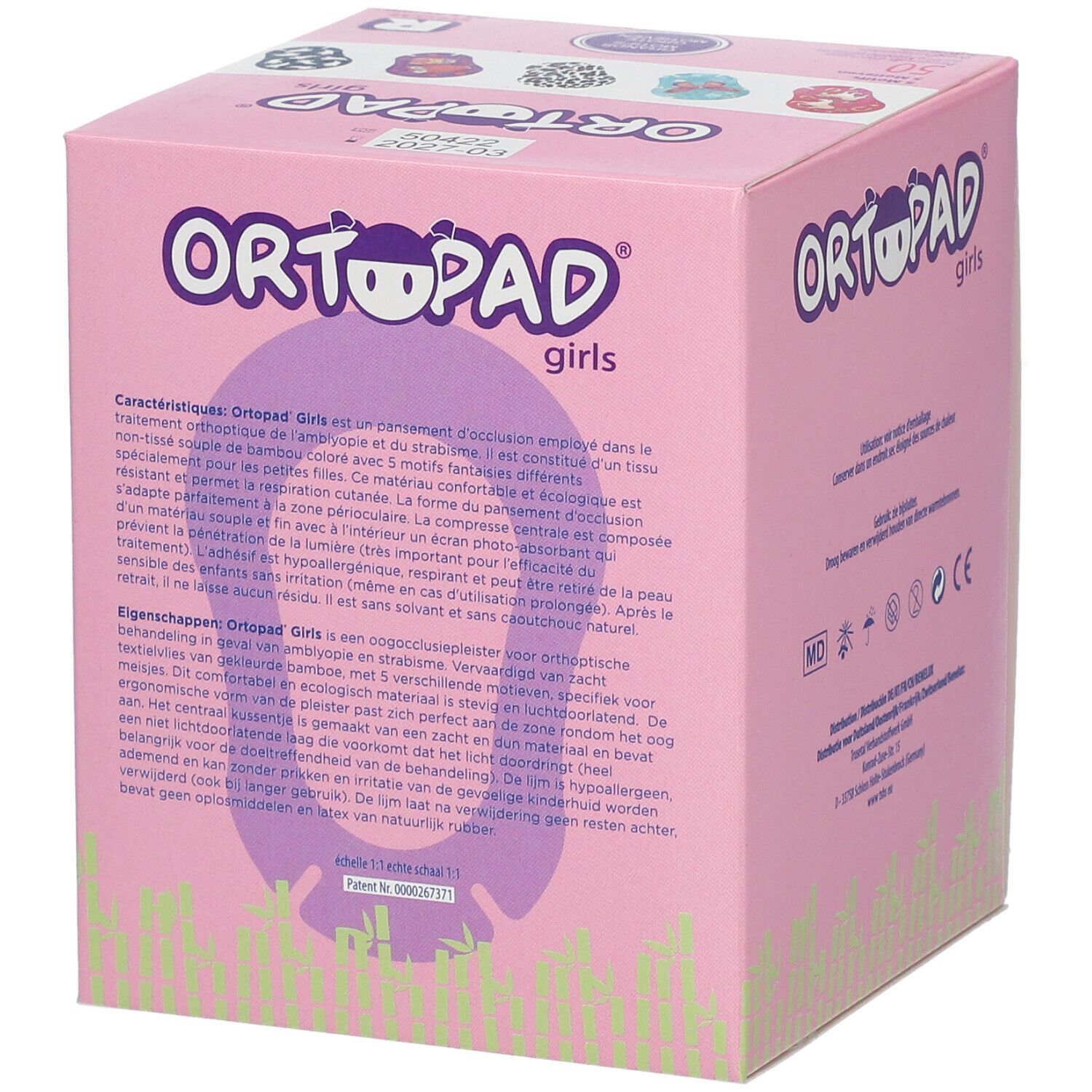 Boîte rose avec texte. Contient des informations et des caractéristiques du produit. Impression : Ortopad Girls.