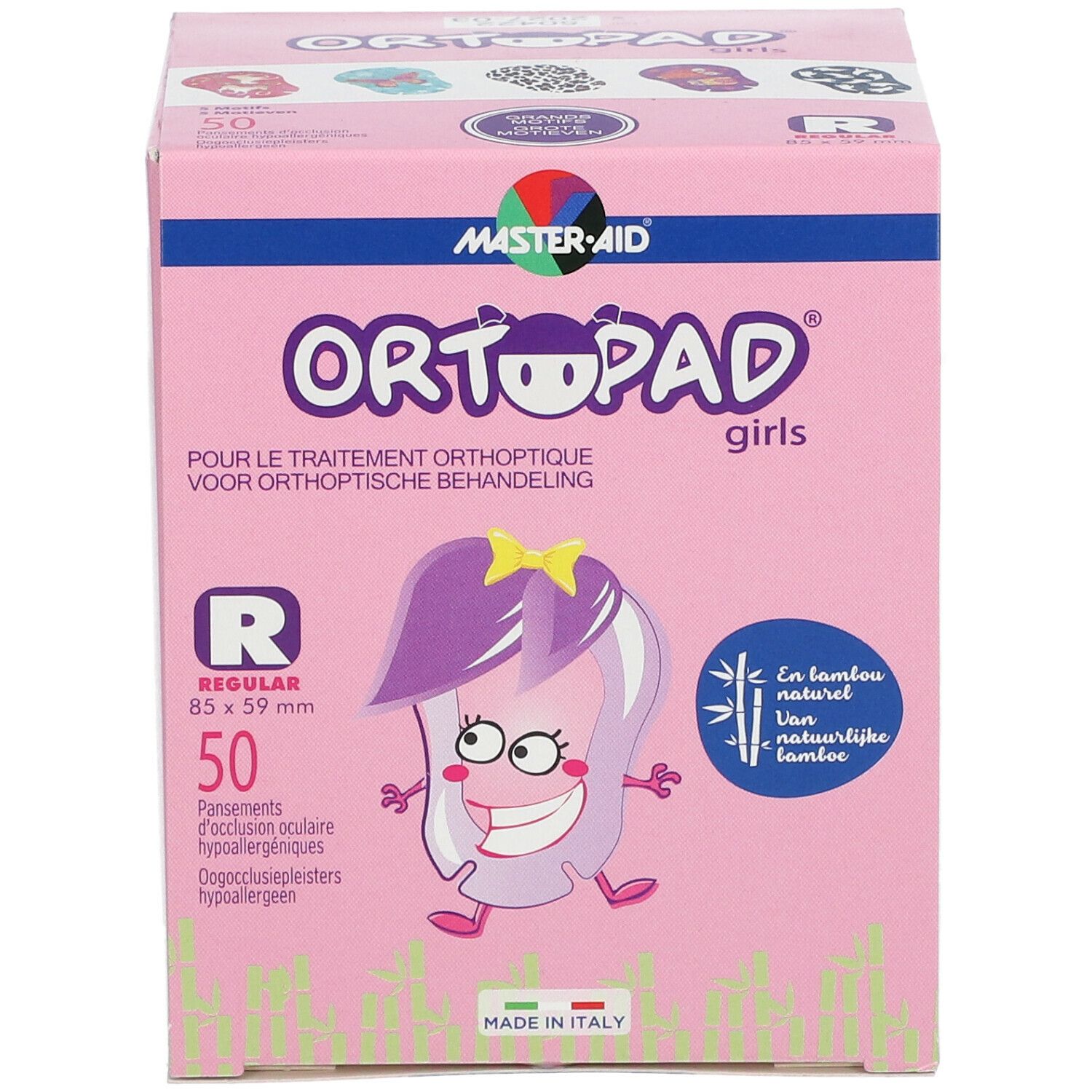Boîte rose avec impression. Contient 50 pansements oculaires. Impression : Ortopad Girls, Regular, 8,5 x 59 mm.