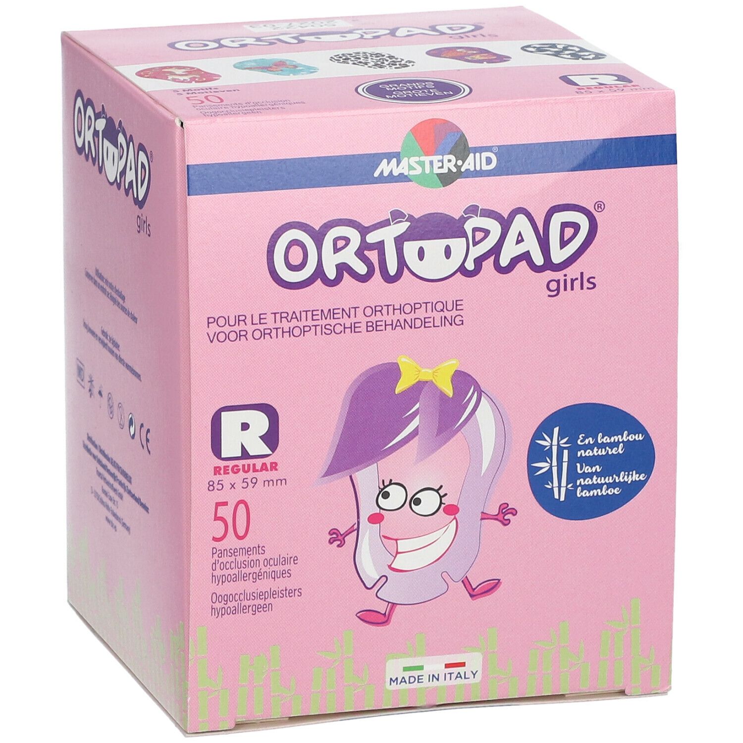 Boîte rose avec impression. Contient 50 pansements oculaires. Impression : Ortopad Girls, Regular, 8,5 x 59 mm.