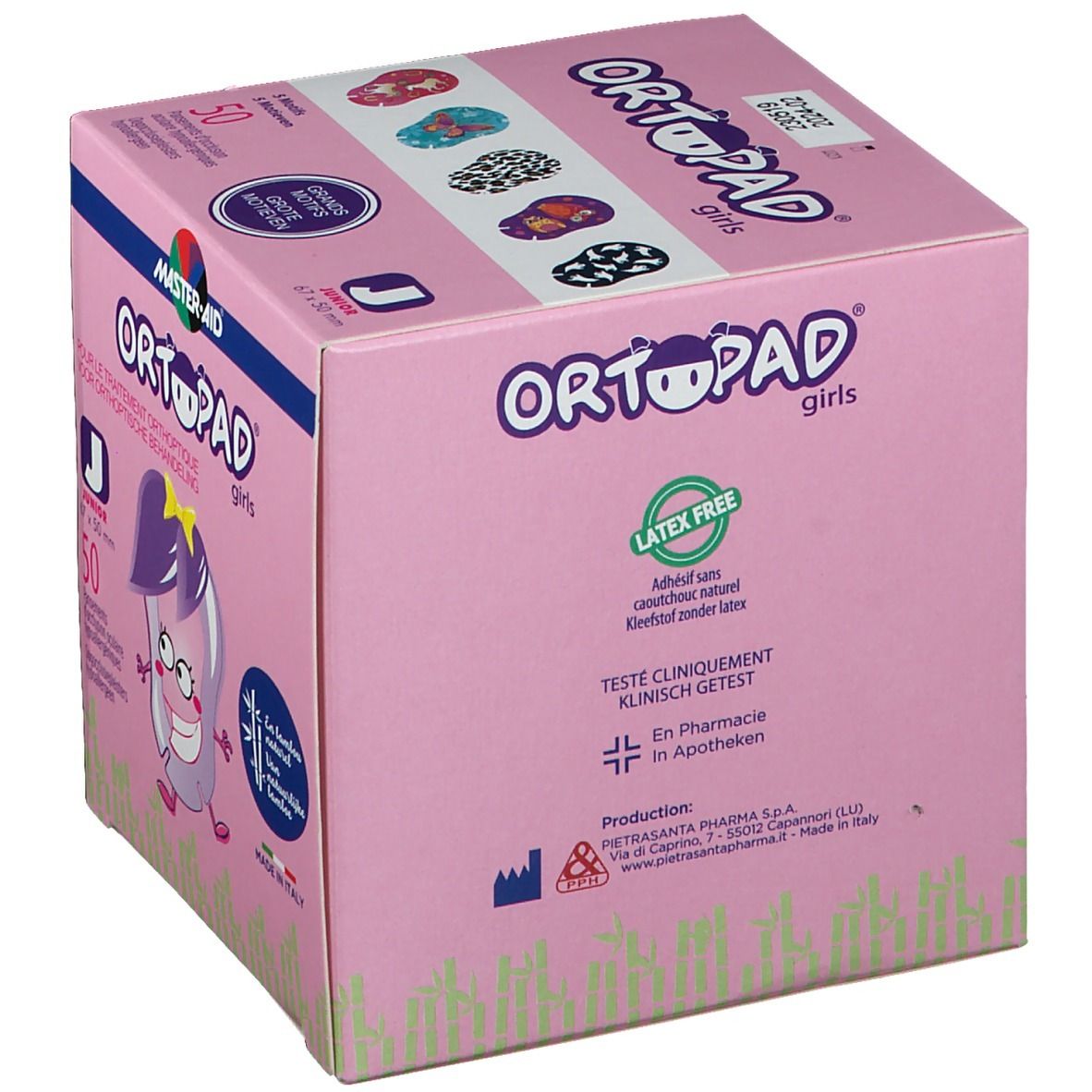 Boîte rose avec motifs. Dessus: motifs de pansements. Texte: ORTOPAD girls, MASTER-AID, Sans latex, testé cliniquement. Illustration.