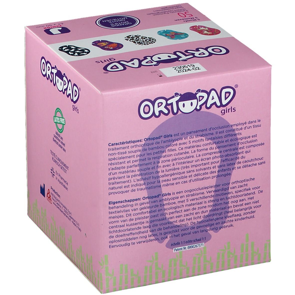 Boîte rose avec texte. Texte: ORTOPAD girls, Caractéristiques, 50 pièces. Arrière: description multilingue. Illustration.