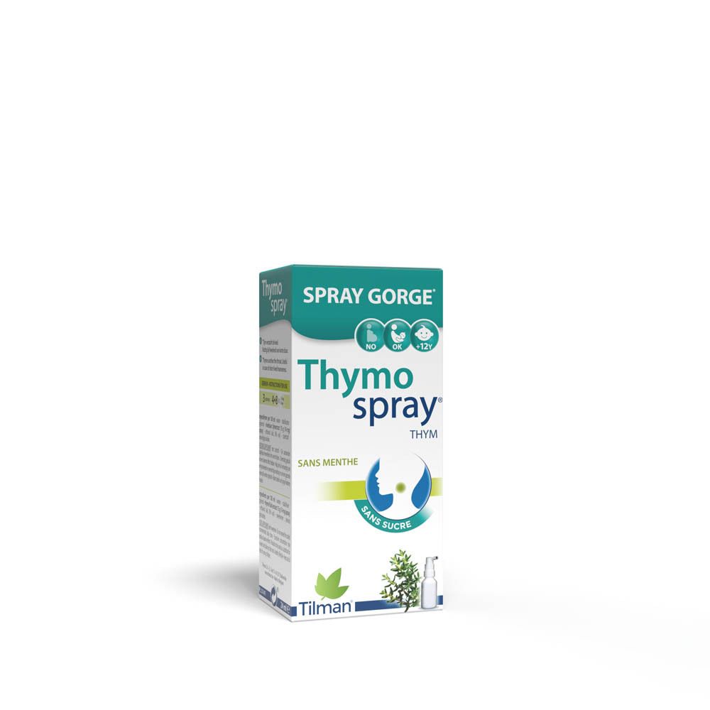 Emballage du produit. Inscription: Thymo spray, Spray Gorge. Sans menthe, sans sucre. Marque: Tilman.