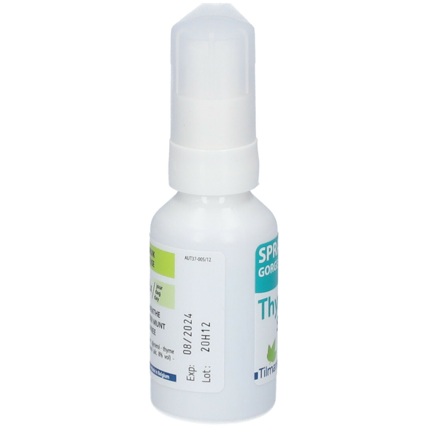 Petit flacon blanc avec pulvérisateur. Inscription: Thymo spray, Spray Gorge-Keel-Throat. Marque: Tilman.