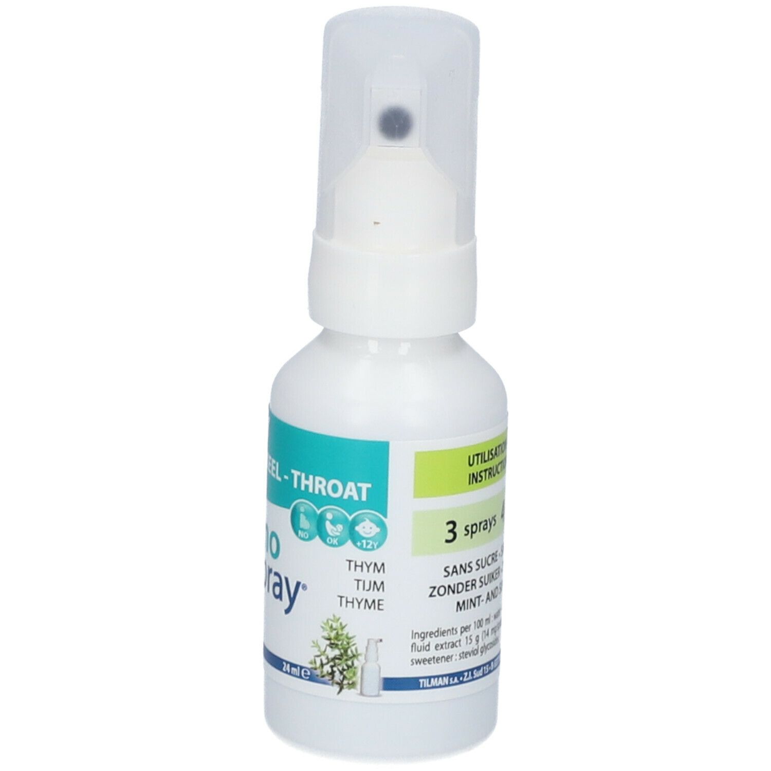 Flacon blanc avec pulvérisateur. Inscription: Thymo spray, Spray Gorge-Keel-Throat. Marque: Tilman. Mode d'emploi.
