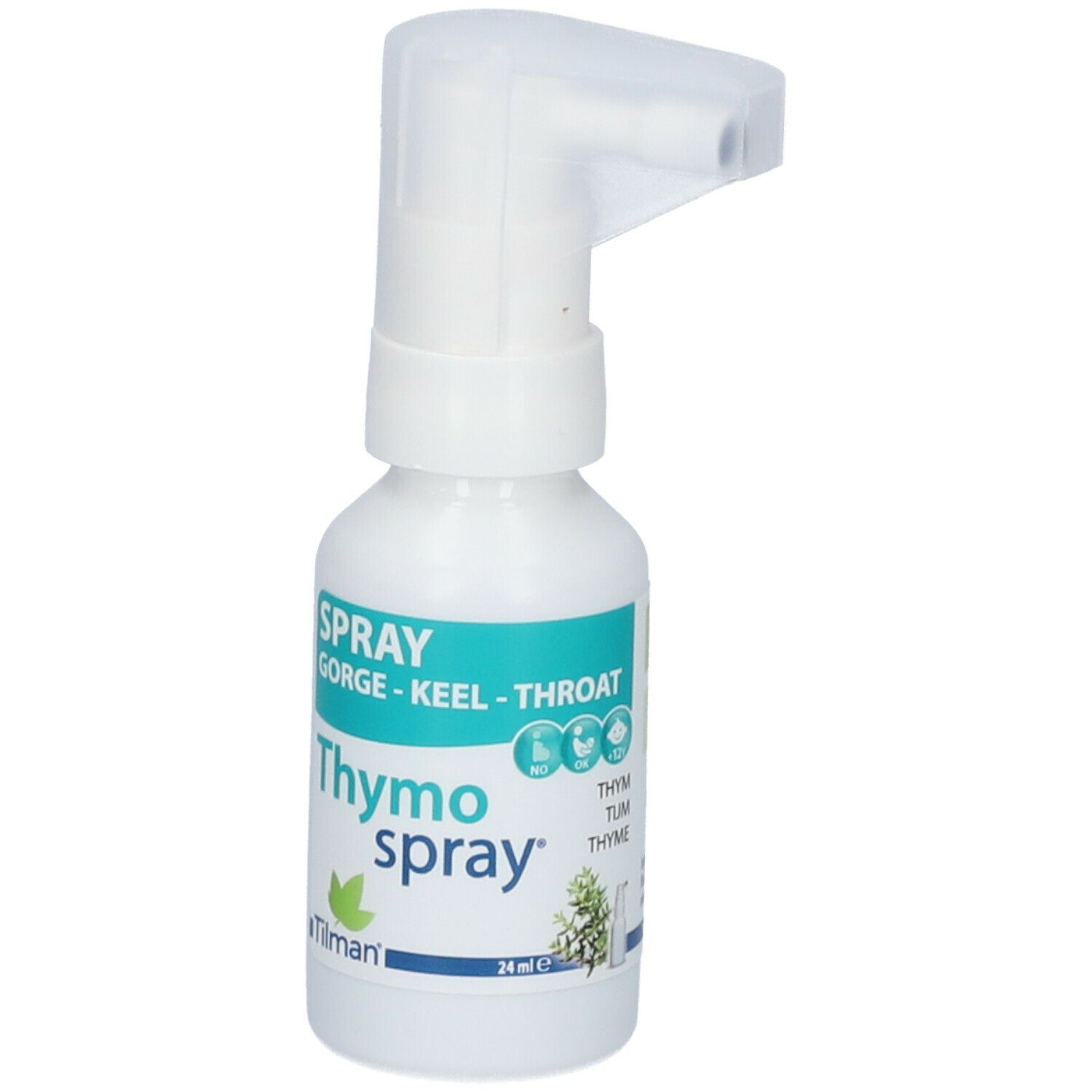 Flacon blanc avec pulvérisateur. Inscription: Thymo spray, Spray Gorge-Keel-Throat. Marque: Tilman. 24 ml.