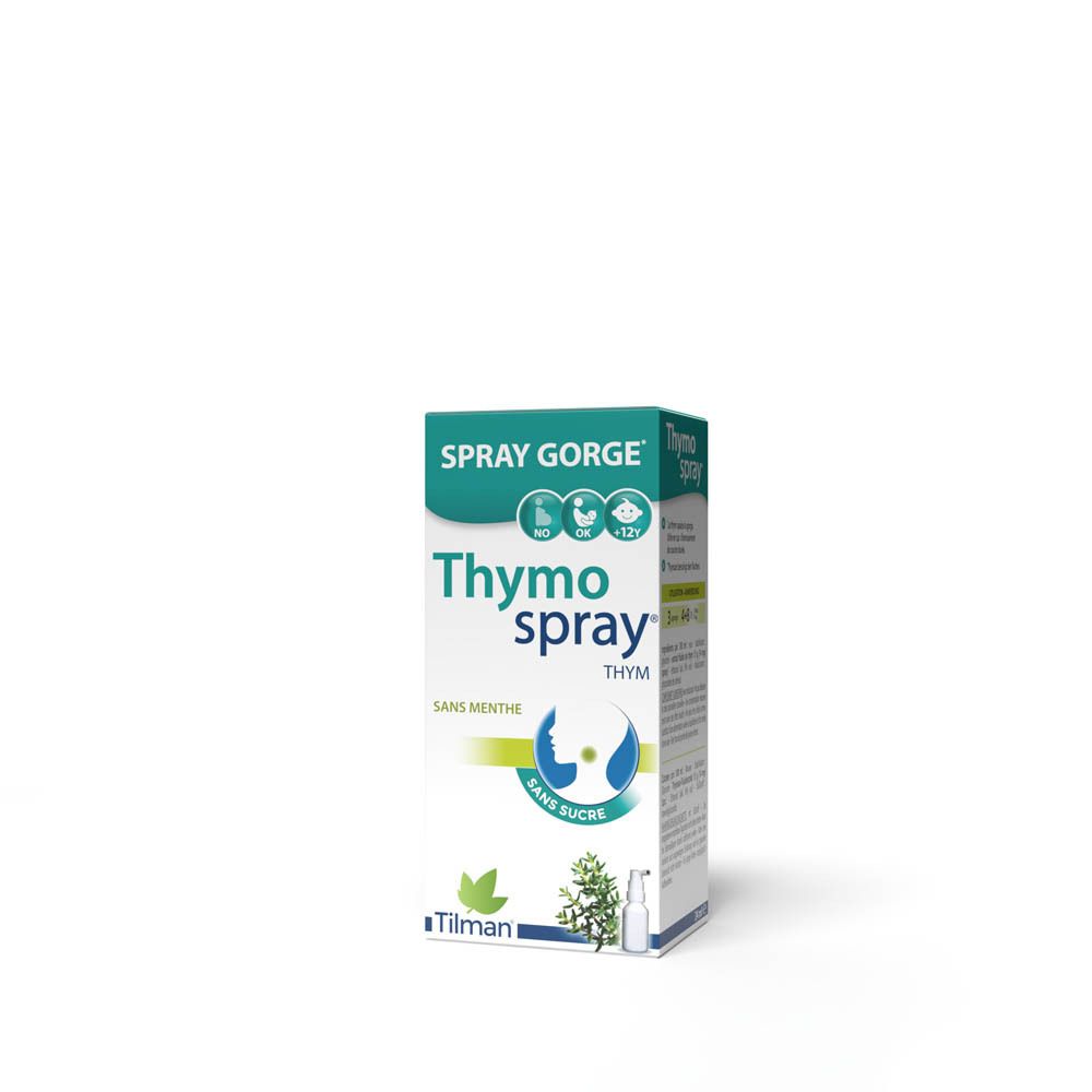 Emballage du produit. Inscription: Thymo spray, Spray Gorge. Sans menthe, sans sucre. Marque: Tilman.
