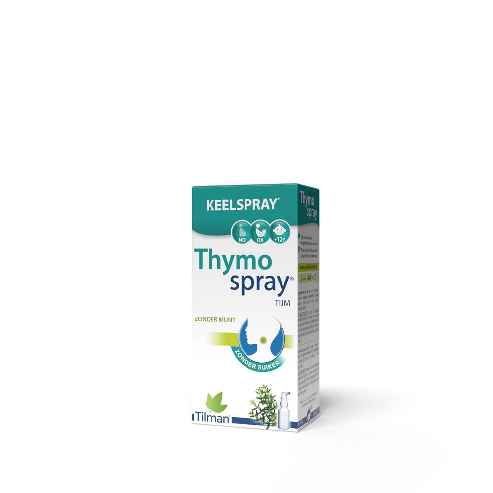 Productverpakking. Opschrift: Thymo spray, Spray Gorge. Zonder munt, zonder suiker. Merk: Tilman.