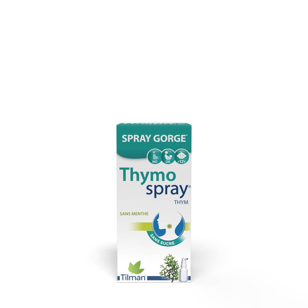 Emballage du produit. Inscription: Thymo spray, Spray Gorge. Sans menthe, sans sucre. Marque: Tilman.