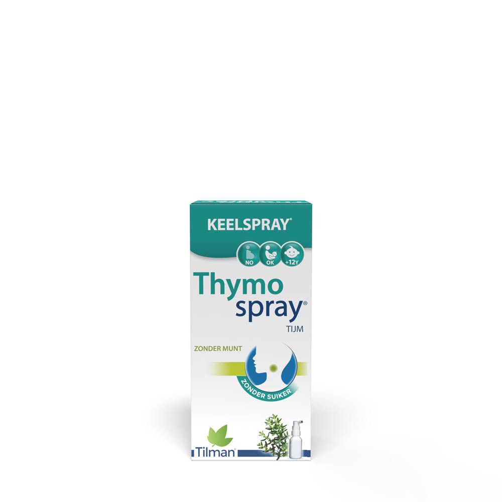 Productverpakking. Opschrift: Thymo spray, Spray Gorge. Zonder munt, zonder suiker. Merk: Tilman.