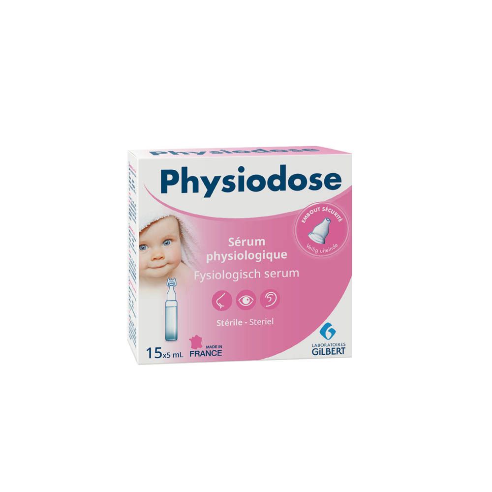 Roze doos Physiodose. Bevat 15 ampullen. Afbeelding van een baby en productillustratie. Gemaakt in Frankrijk.