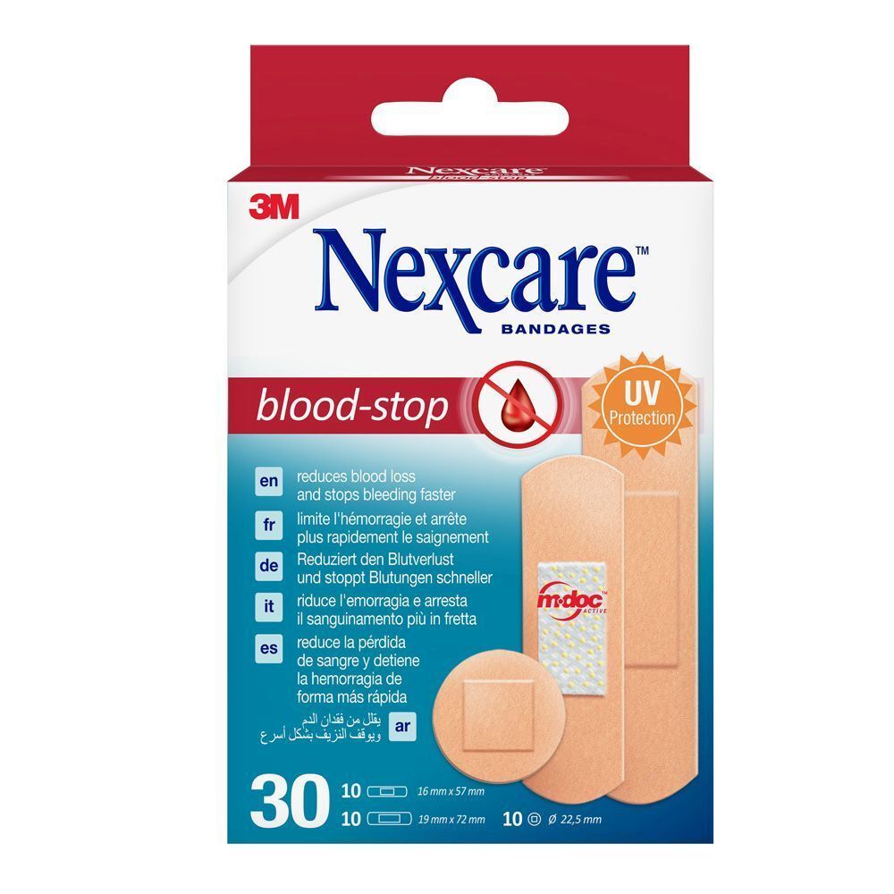 Verpakking Nexcare Blood-stop pleisters. 30 pleisters, diverse maten. Rode en witte verpakking.