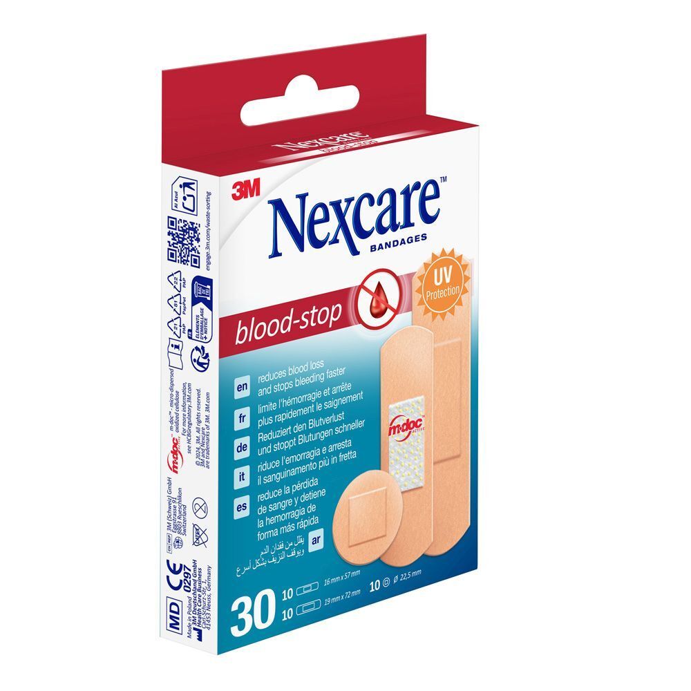 Verpakking Nexcare Blood-stop pleisters. 30 pleisters, diverse maten. Rode en witte verpakking.