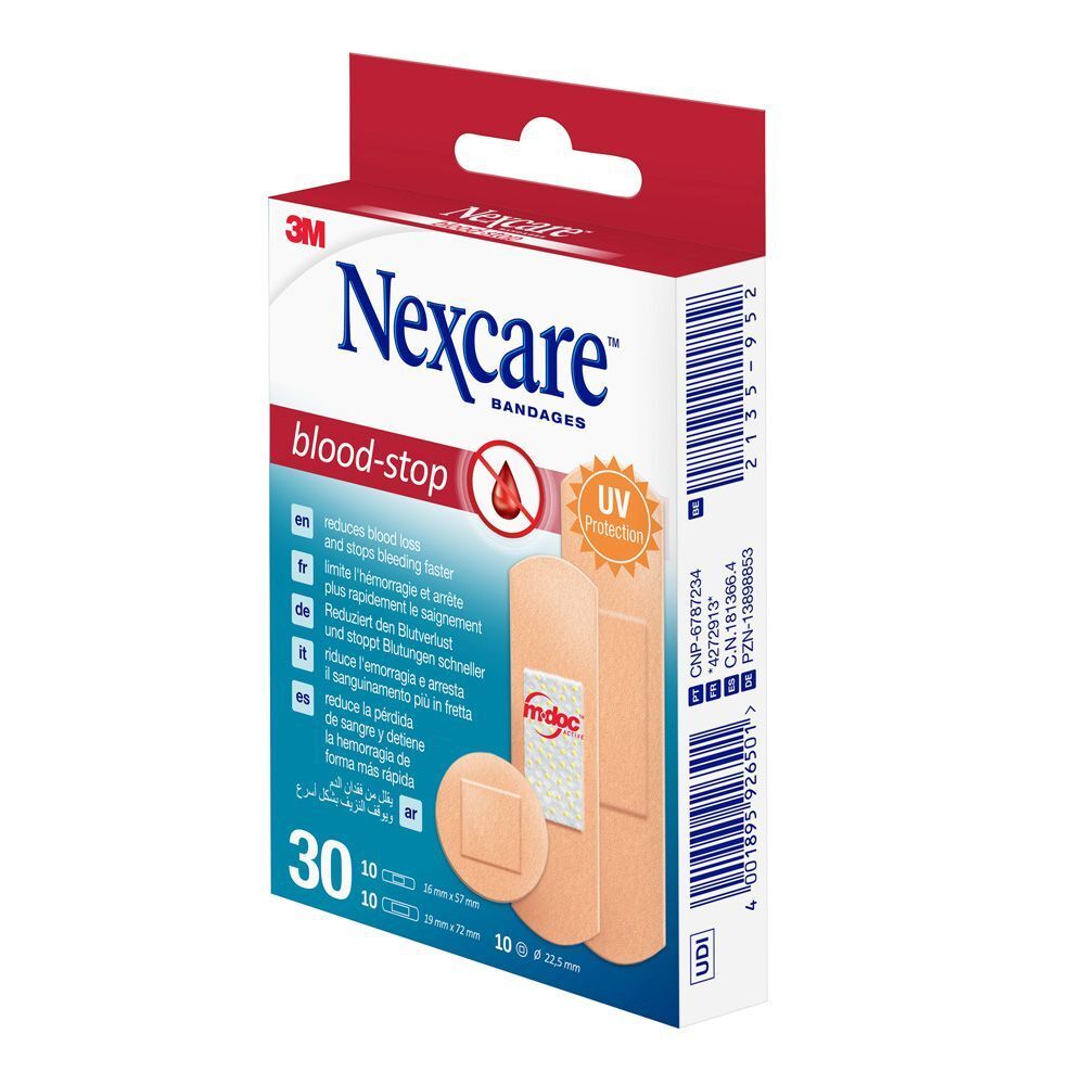 Verpakking Nexcare Blood-stop pleisters. 30 pleisters, diverse maten. Rode en witte verpakking.