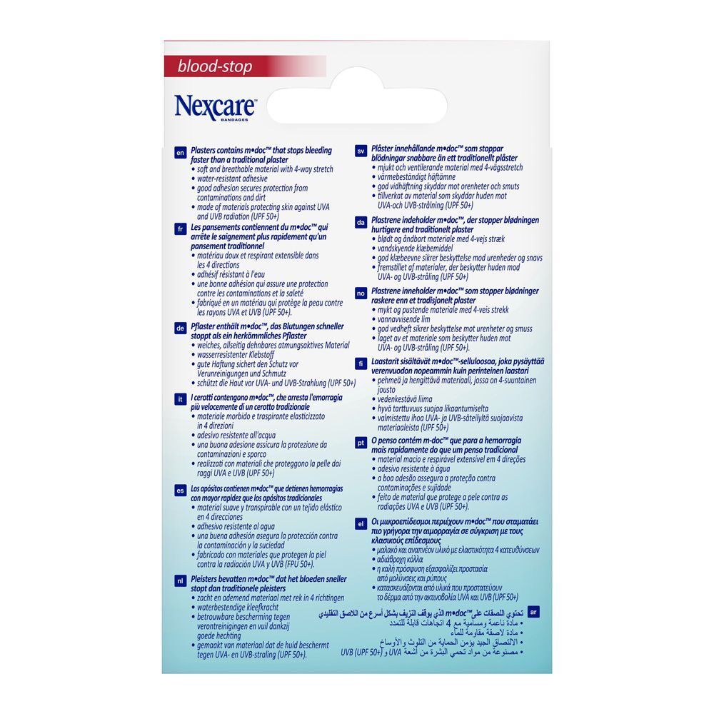 Achterkant van de Nexcare Blood-stop pleisterverpakking. Tekst in meerdere talen. Productinformatie.