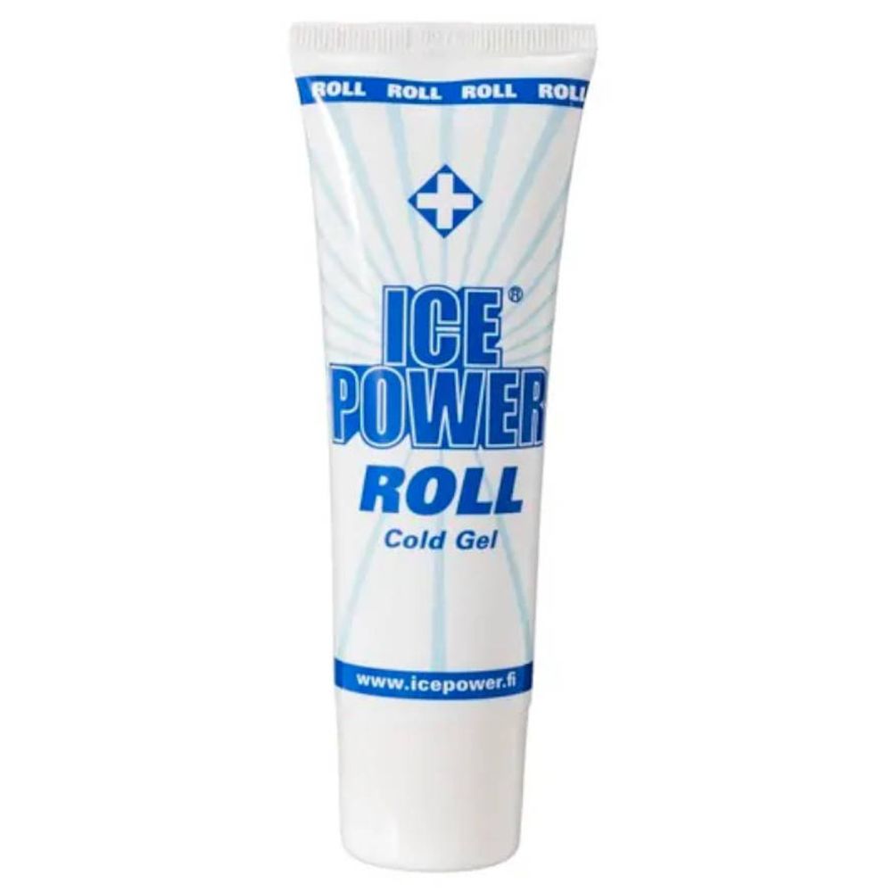 Tube blanche et bleue avec "ICE POWER ROLL Cold Gel". Logo: croix. Adresse du site web en bas.