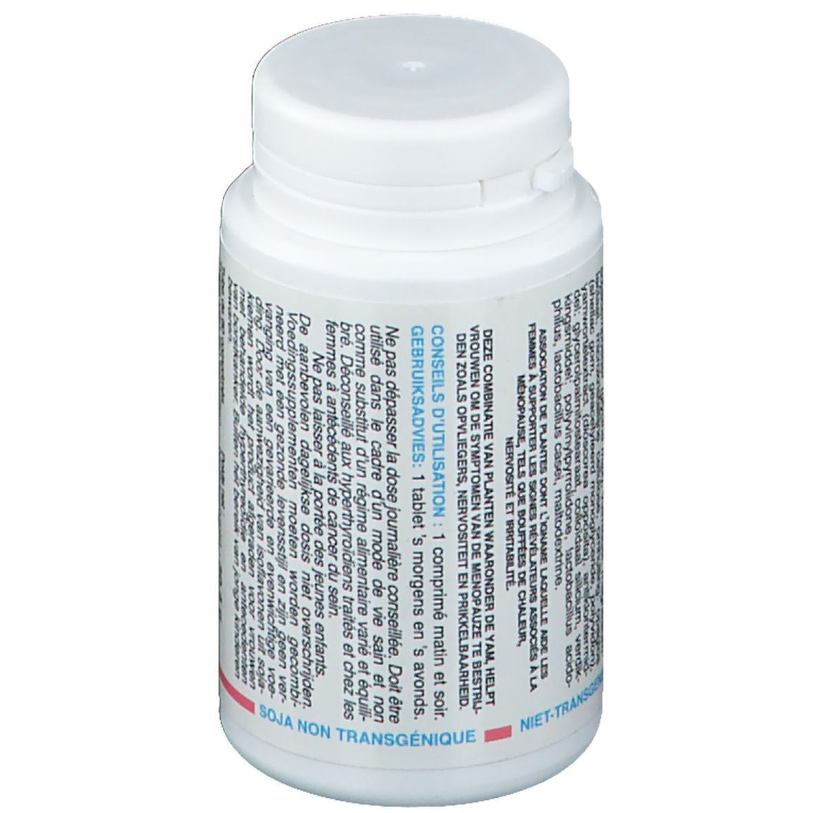 Flacon de comprimés blanc. Inscription : Biopause Fort. Conseils d'utilisation : 1 comprimé matin et soir. Soja non transgénique.