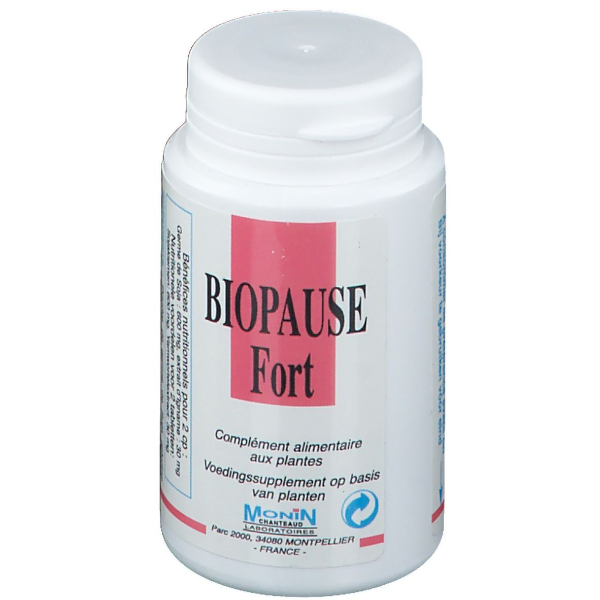 Flacon de comprimés blanc avec étiquette rouge. Inscription : Biopause Fort. Complément alimentaire à base de plantes.