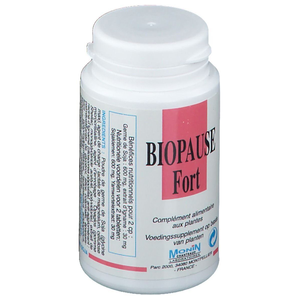 Flacon de comprimés blanc avec étiquette rouge. Inscription : Biopause Fort. Ingrédients. Complément alimentaire à base de plantes.