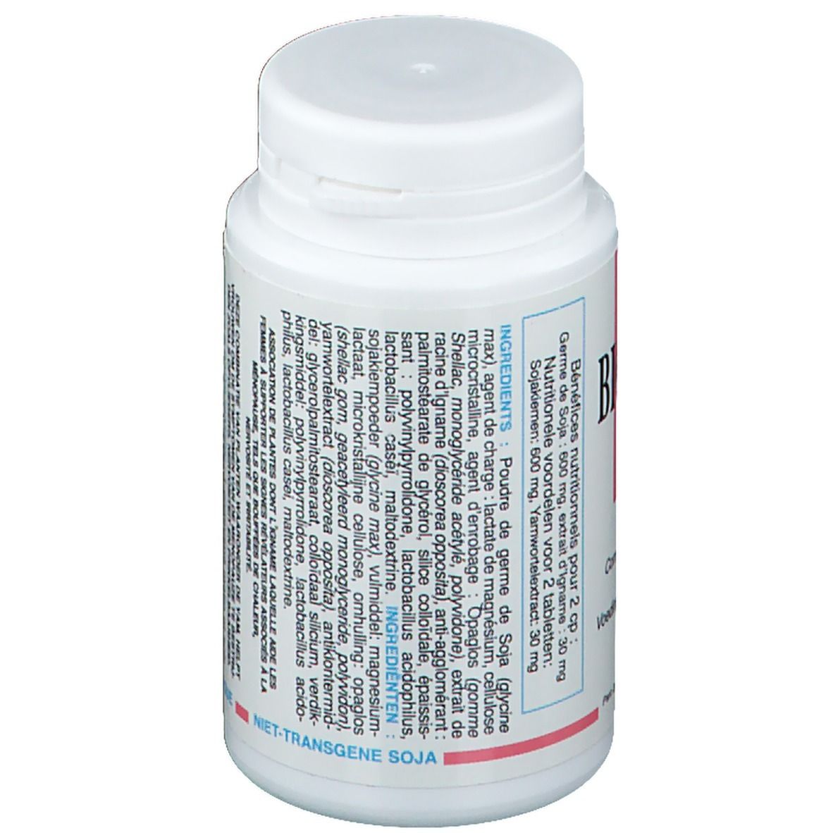 Flacon de comprimés blanc avec étiquette rouge. Inscription : Biopause Fort. Ingrédients. Soja non transgénique.