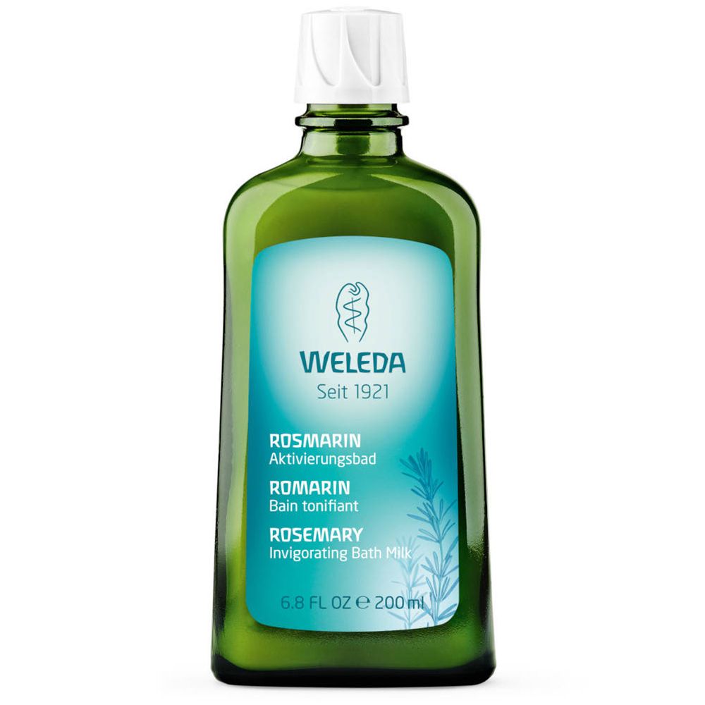 Groene glazen fles met witte dop. Etiket: Weleda, Rozemarijn activeringsbad, 6.8 FL OZ, 200ml.