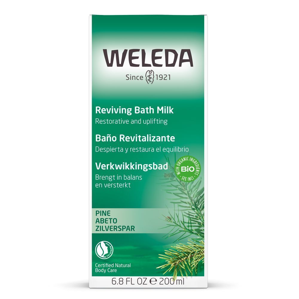 Emballage blanc avec étiquette verte. Nom du produit, logo et informations. Inscription "Weleda". Label bio.