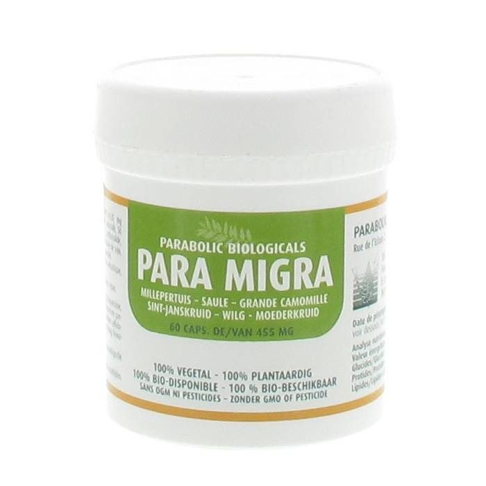 Récipient cylindrique blanc avec étiquette verte. Inscription: PARA MIGRA, 60 gélules. Contient des ingrédients végétaux.