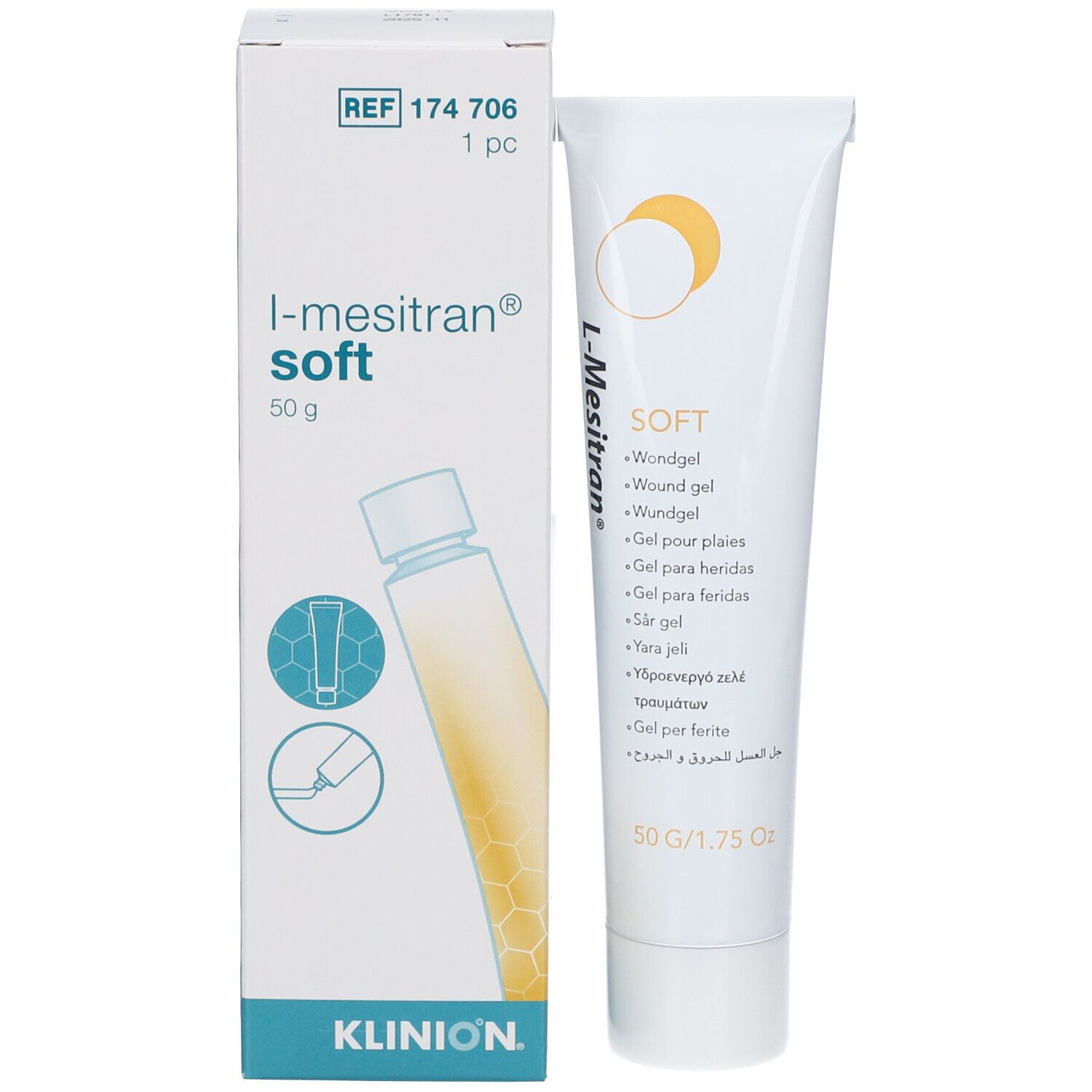 Emballage du produit avec tube et boîte. Inscription : L-Mesitran Soft, 50 g, Klinion.